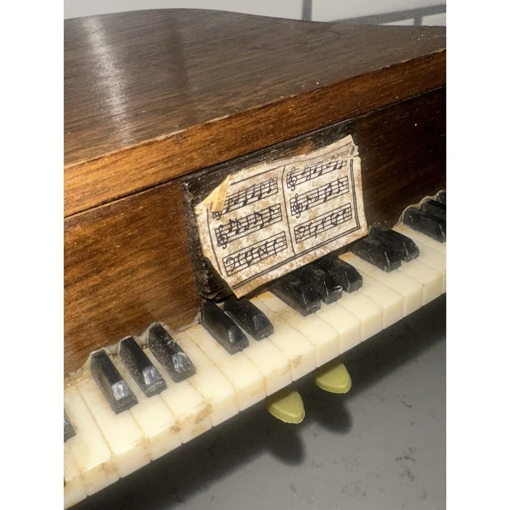 Vintage 1975 Enesco Baby Grand Piano Wooden Coaster Set 6 Cork Coasters
